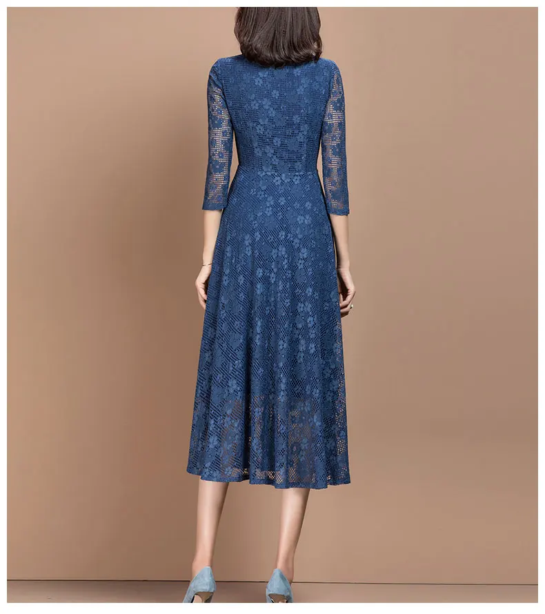 2021 Spring Vintage Three Quarter Sleeve Blue Lace Dress for Women 2021 Spring Vintage Three Quarter Sleeve Blue Lace Dress for Women