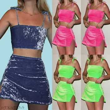 Womens Velvet Crop Top Skirts 2pcs Set Ladies 2019 Summer Spaghetti Strap Tube Top Split Mini Skirt Fashion Sexy Female Sets New 
Womens Velvet Crop Top Skirts 2pcs Set Ladies 2019 Summer Spaghetti Strap Tube Top Split Mini Skirt Fashion Sexy Female Sets New