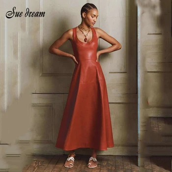 2020 New Women's Fashion Sexy Brown Pu Leather Sleeveless A-line Dress Bodycon Club Party Runway Dress Vestidos 
2020 New Women's Fashion Sexy Brown Pu Leather Sleeveless A-line Dress Bodycon Club Party Runway Dress Vestidos