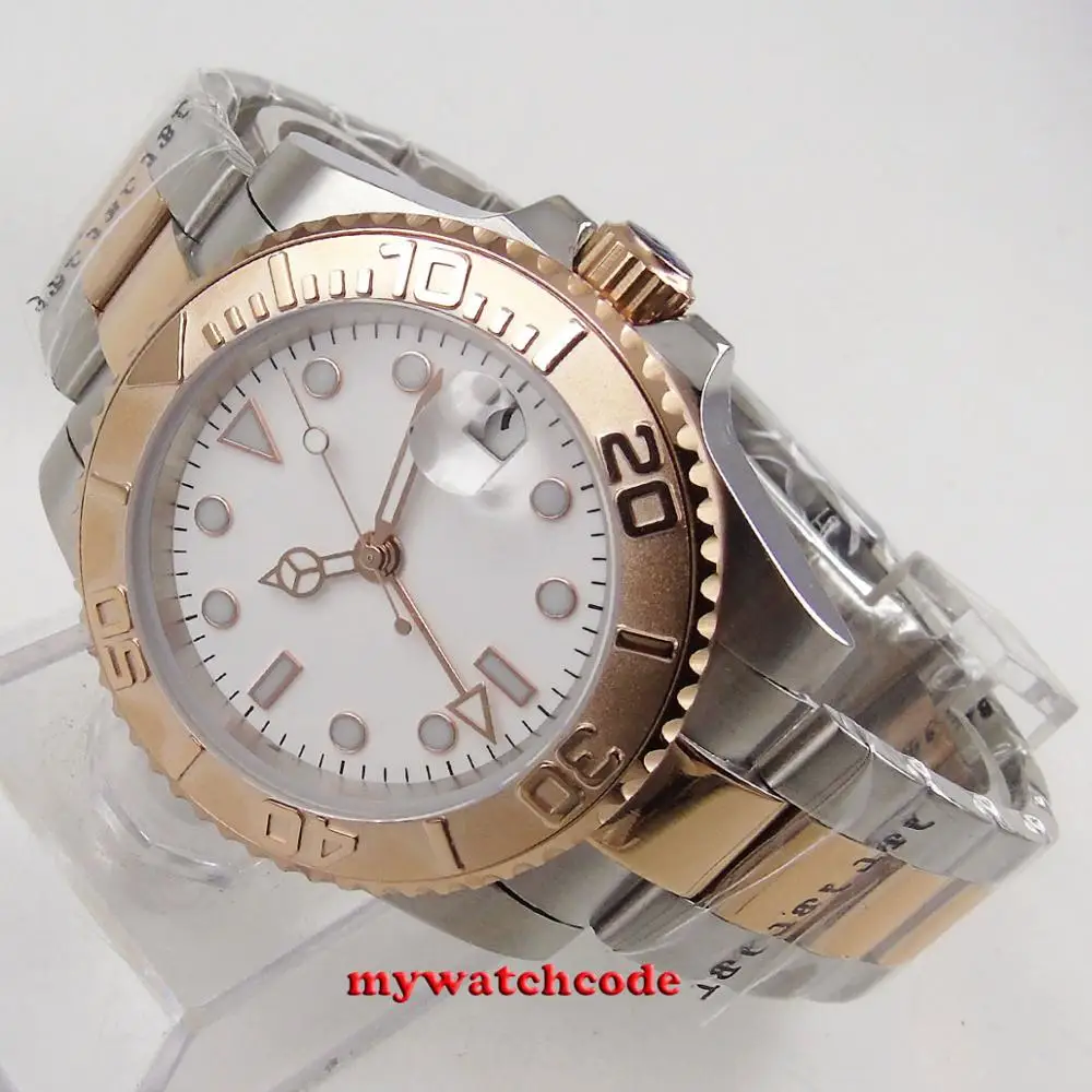 40mm bliger white dial sapphire crystal Coin Edge ceramic Bezel deployment clasp Two Tone Automatic mens watch B255
40mm bliger white dial sapphire crystal Coin Edge ceramic Bezel deployment clasp Two Tone Automatic mens watch B255