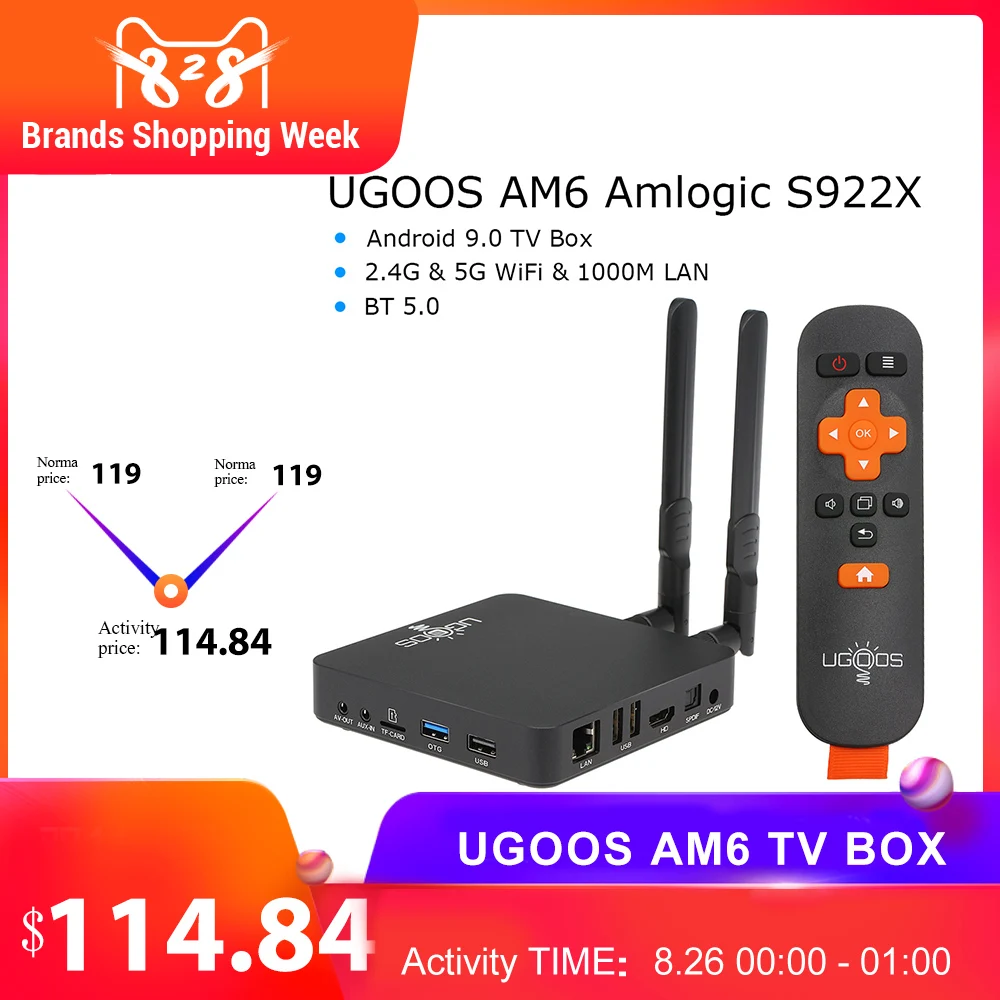 UGOOS AM6 TV BOX Amlogic S922X Android 9.0 TV Box 2GB 16GB 2.4G 5G WiFi 1000M LAN Bluetooth 5.0 4K HD Media Player pk zidoo x9s
UGOOS AM6 TV BOX Amlogic S922X Android 9.0 TV Box 2GB 16GB 2.4G 5G WiFi 1000M LAN Bluetooth 5.0 4K HD Media Player pk zidoo x9s