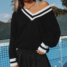 Spring Autumn Women V-Neck Loose Casual Pullovers England Style Black and White Striped Sweater Preppy Style Tennis Knit Sweater
Spring Autumn Women V-Neck Loose Casual Pullovers England Style Black and White Striped Sweater Preppy Style Tennis Knit Sweater