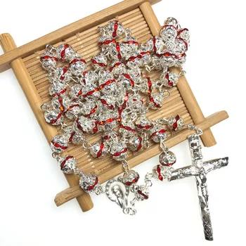 8mm red silver plated rhinestone rosary religious crystal bead necklace with jesus cross and virgin mary roary center 
8mm red silver plated rhinestone rosary religious crystal bead necklace with jesus cross and virgin mary roary center