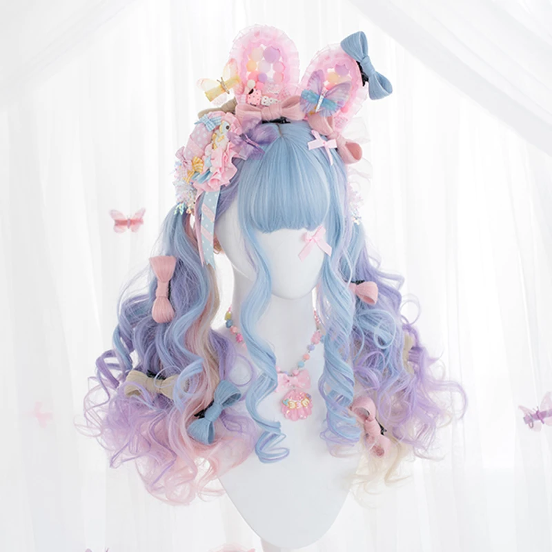 Парик сладкой конфетно фиолетовой синей розовой Лолиты Kawaii Harajuku фея косплей