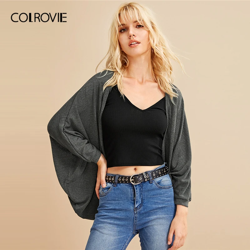 

COLROVIE Grey Batwing Sleeve Solid Cardigan Women 2019 Autumn Female Long Sleeve Outwears Ladies Casual Style Cardigan