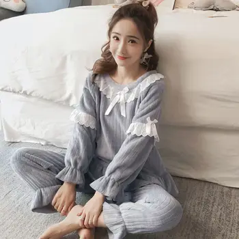 Flannel Women Home Clothes Pajamas Set Pigiami Lace Patchwork Sleepwear 2 Piece Winter Pyjamas Women Warm Pajamas Homewear 
Flannel Women Home Clothes Pajamas Set Pigiami Lace Patchwork Sleepwear 2 Piece Winter Pyjamas Women Warm Pajamas Homewear