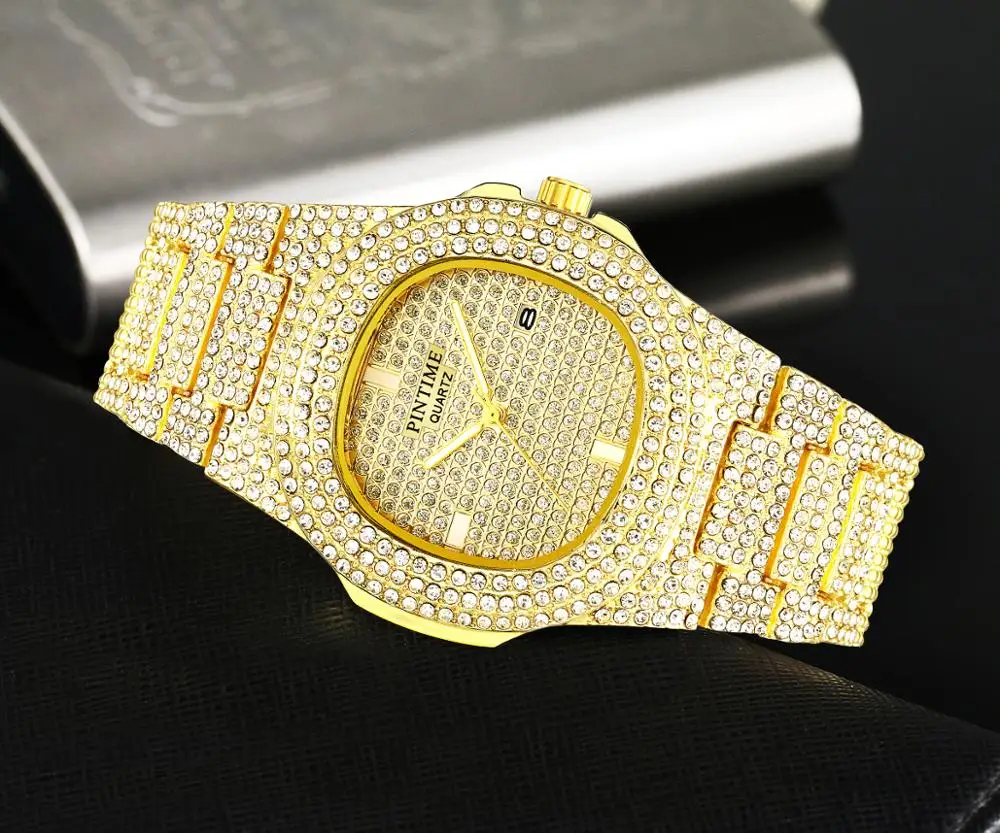 Прямая поставка мужские часы со стразами кварцевые в стиле хип хоп золотые