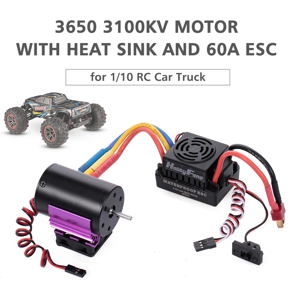 

HobbyFans 3650 3100KV 3500KV 3900KV 4300KV Brushless Motor with Heat Sink and 60A ESC with BEC Waterproof for 1/10 RC Car Truck