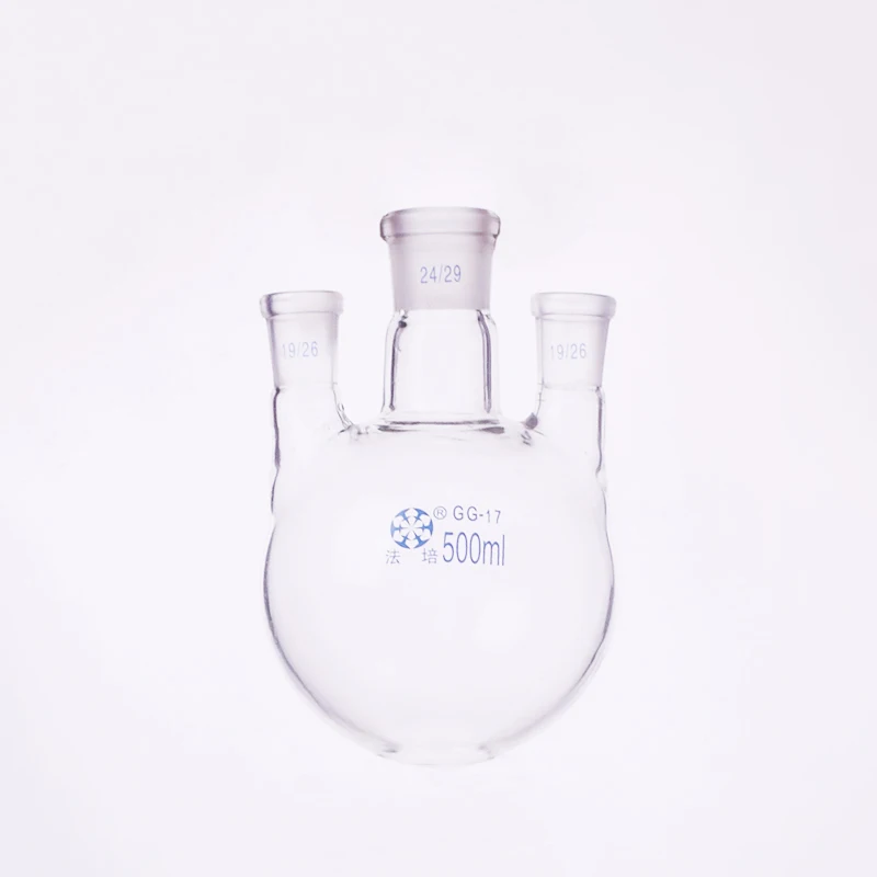 Three-necked flask straight shape,with three necks standard ground mouth,Capacity 500ml,Middle joint 24/29,lateral joint 19/26
Three-necked flask straight shape,with three necks standard ground mouth,Capacity 500ml,Middle joint 24/29,lateral joint 19/26