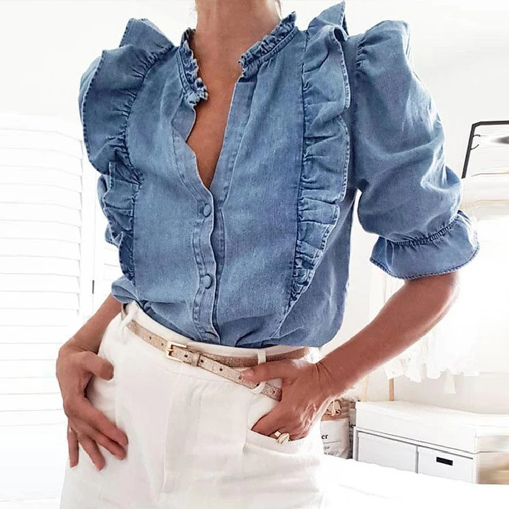 Фото Женская модная Джинсовая блузка с оборками и пышными рукавами элегантная
