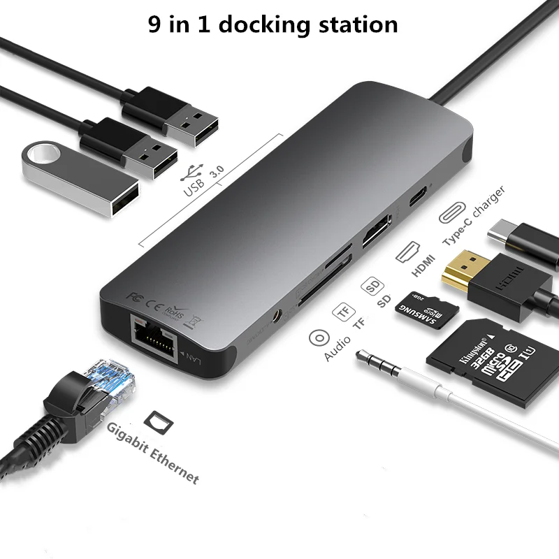 Multi Usb C Dock 9 in 1 Type C to Hdmi Usb 3.0 Audio TF/SD Thunderbolt for MacBook Dex Docking Station
Multi Usb C Dock 9 in 1 Type C to Hdmi Usb 3.0 Audio TF/SD Thunderbolt for MacBook Dex Docking Station