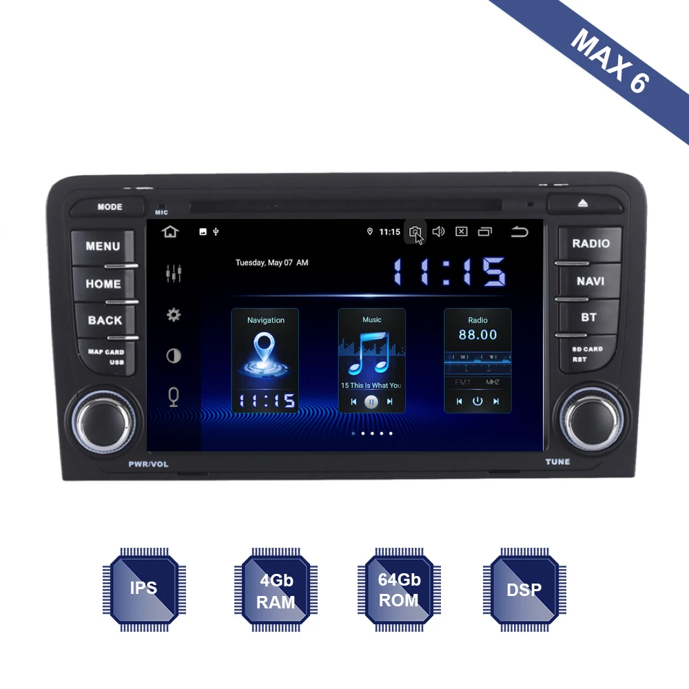 Автомагнитола 1 Din GPS Navi для Audi A3 S3 2004 2005 2006 2007- 2011 2012 2013 Android 9 0 PX6 DSP IPS HDMI 4 Гб + 64 RDS Wi-Fi