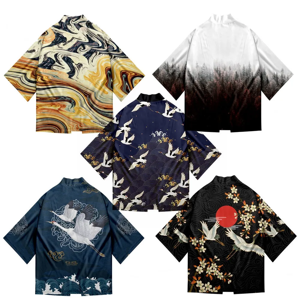 

Kimono Cardigan Japanese Style Men Samurai Haori Clothing Wave Crane Printed Traditional Vintage Yukata Asian Clothes Women
