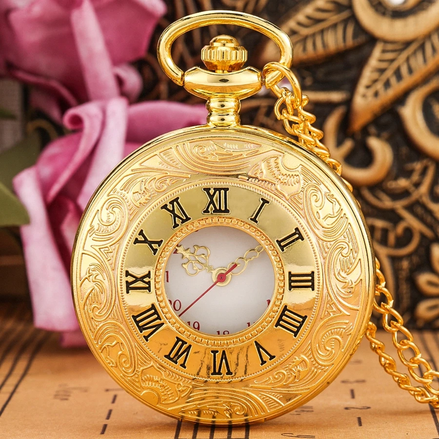 Цвет: Королевский Золотой римскими цифрами кварцевые карманные часы полый чехол