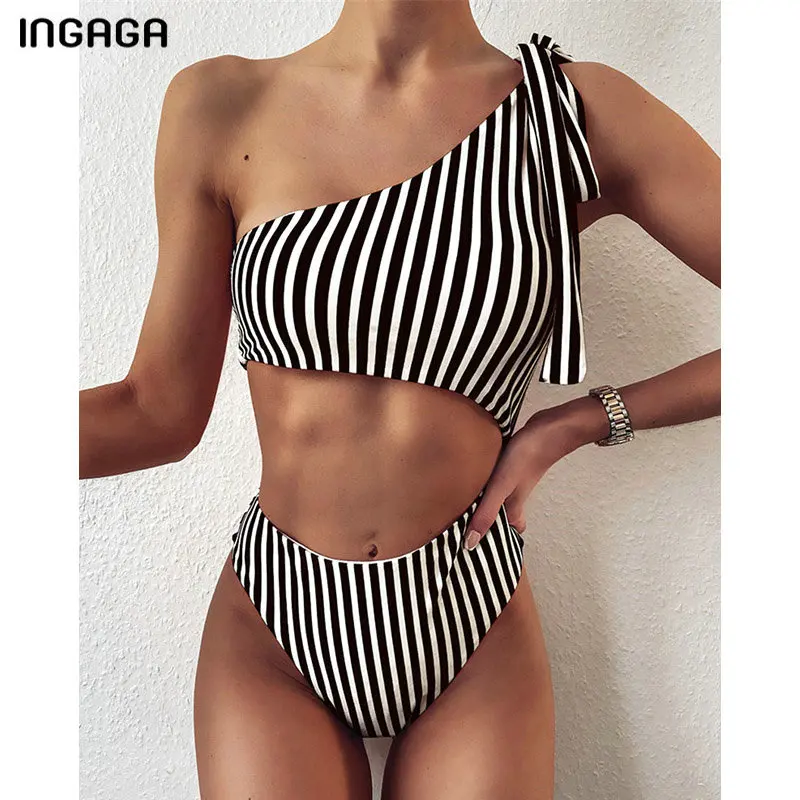 

INGAGA Cut Out One Piece Swimsuits One Shoulder Swimwear Women Striped Bathing Suit Women High Cut Monokini 2020 Bow Swim Wear