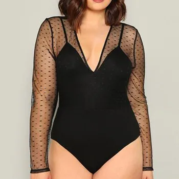 

Fashion 2020 Women Bodysuit Black Plus Size Perspective Splice Long Sleeve V-Neck Sexy Tops Jumpsuit Lace Patchwork Sexy Romper