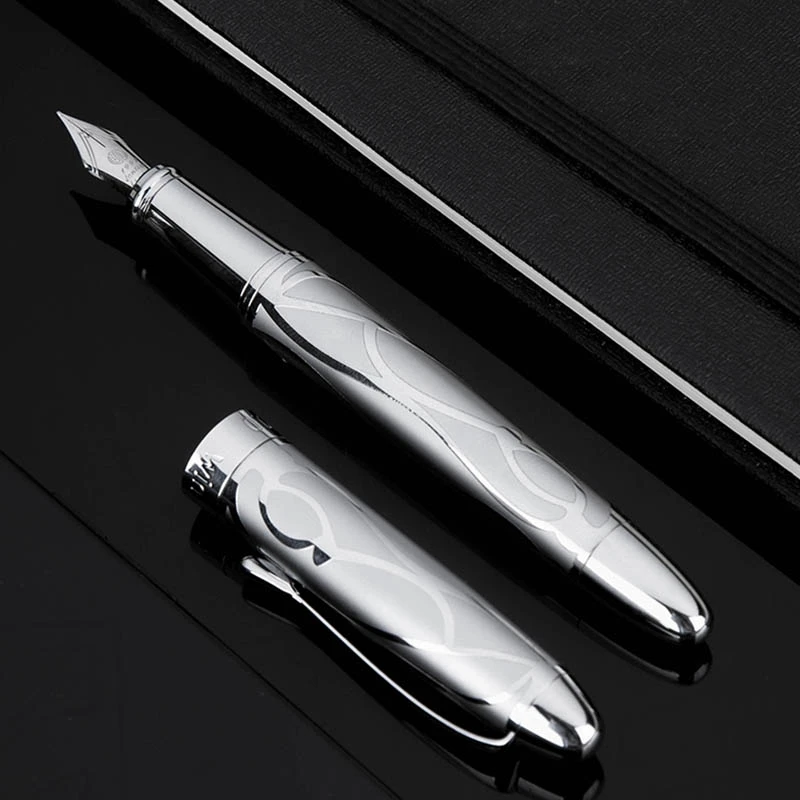 

HongDian Printing Stainless Steel Fountain Pen Fine Nib Retro Silver Student Office Practice Supply Writing Pens Stationery Gift