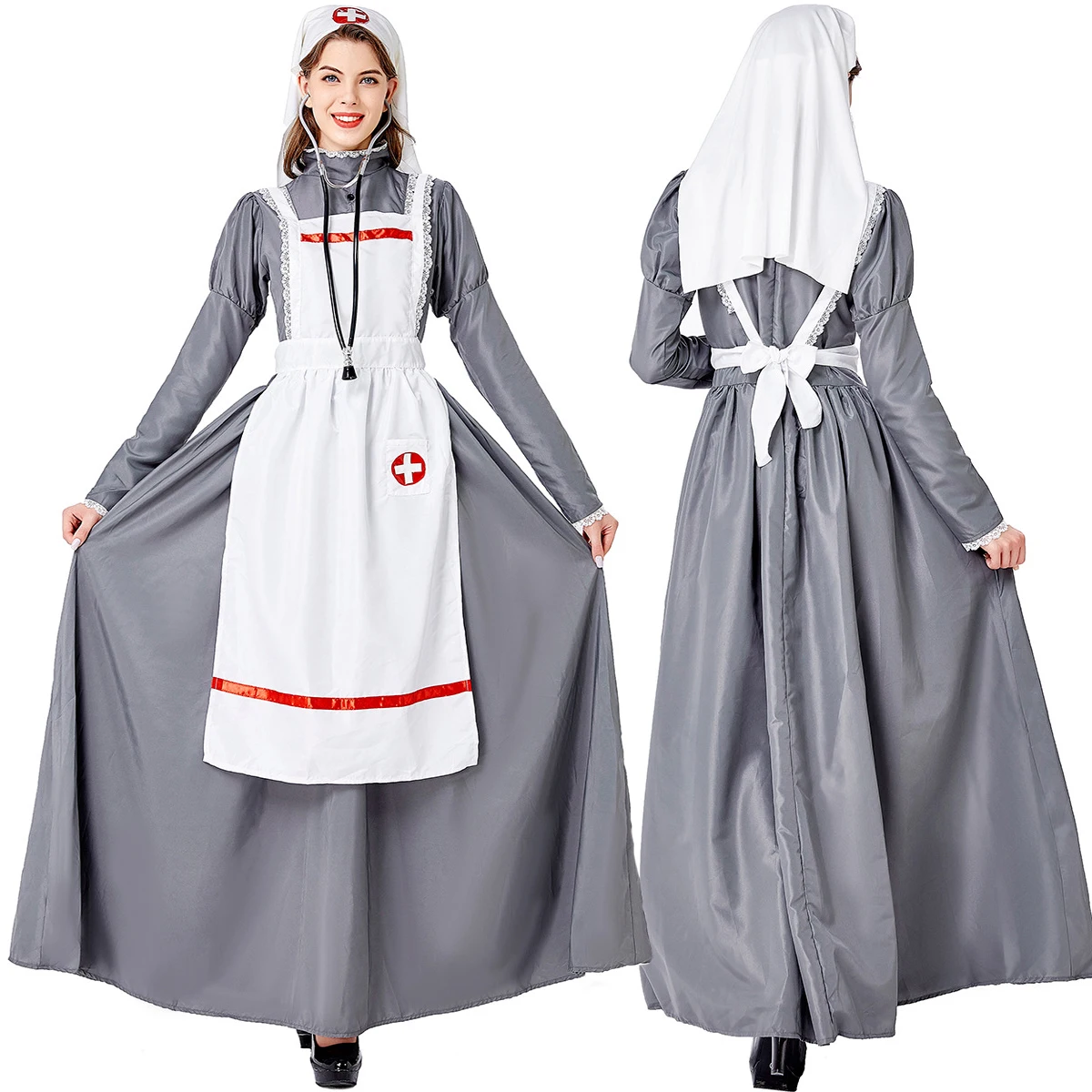 

New Halloween Medieval Civil War Nurse Cosplay Costume For Women Pastoral Farm Maid Long Dress Carnival Role Fancy Outfits