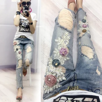 

Wash Denim Pants Woman Holes Burrs Jeans 2020 Spring Summer Loose Cool Nine Pants Ladies Jeans Ripped Jean Pants Women