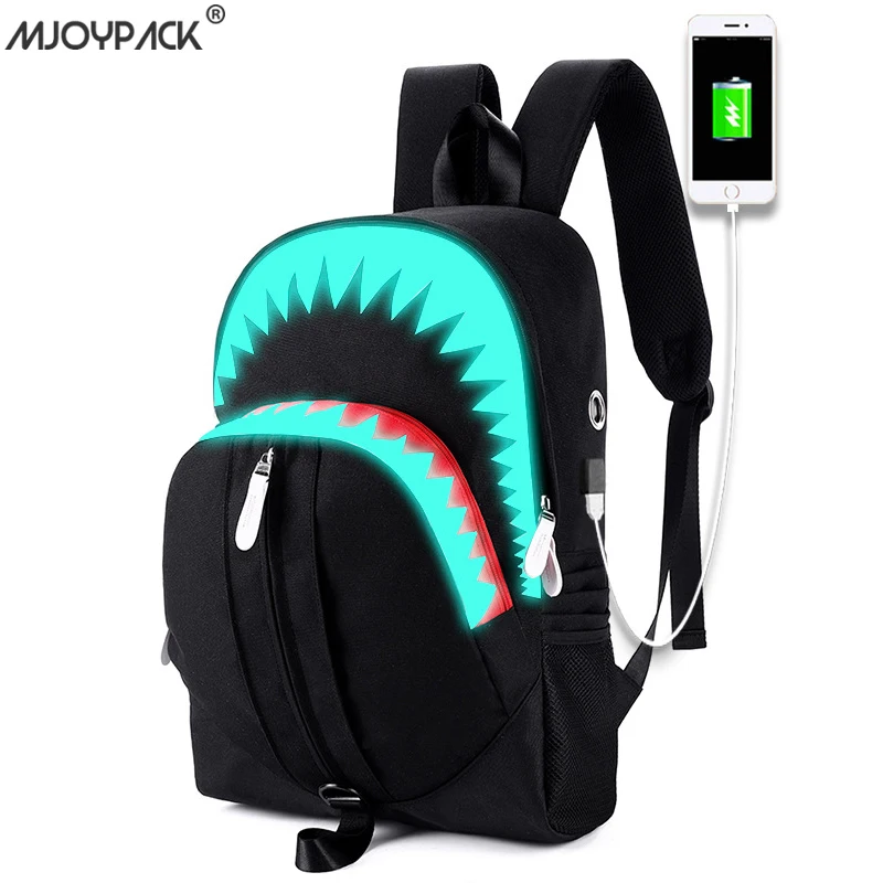 Фото Светящийся школьный рюкзак с большим ртом акулы для мальчиков и девочек Мужской