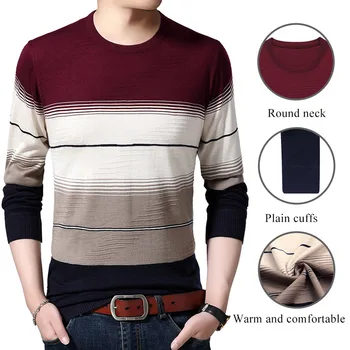 2019 Men's Autumn Winter Striped Knitted Sweater Slim Round neck Sweaters Men Casual Athleisure Tops Fashion knitwear Pullover 
2019 Men's Autumn Winter Striped Knitted Sweater Slim Round neck Sweaters Men Casual Athleisure Tops Fashion knitwear Pullover