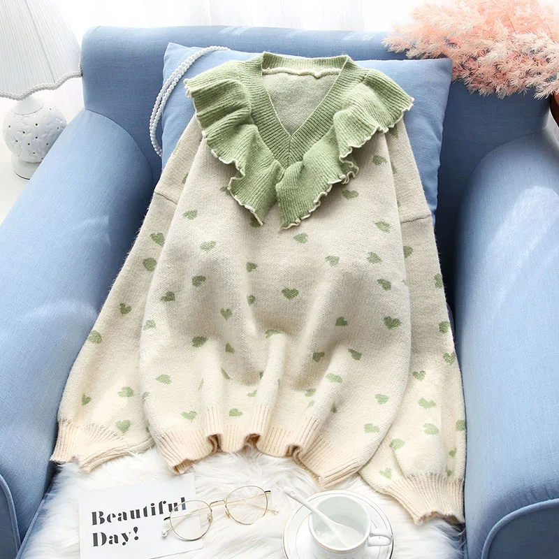 casual women sweater and pullovers ruffles turn-down collar lantern sleeved loose knitted female outwear coat pulls tops
casual women sweater and pullovers ruffles turn-down collar lantern sleeved loose knitted female outwear coat pulls tops