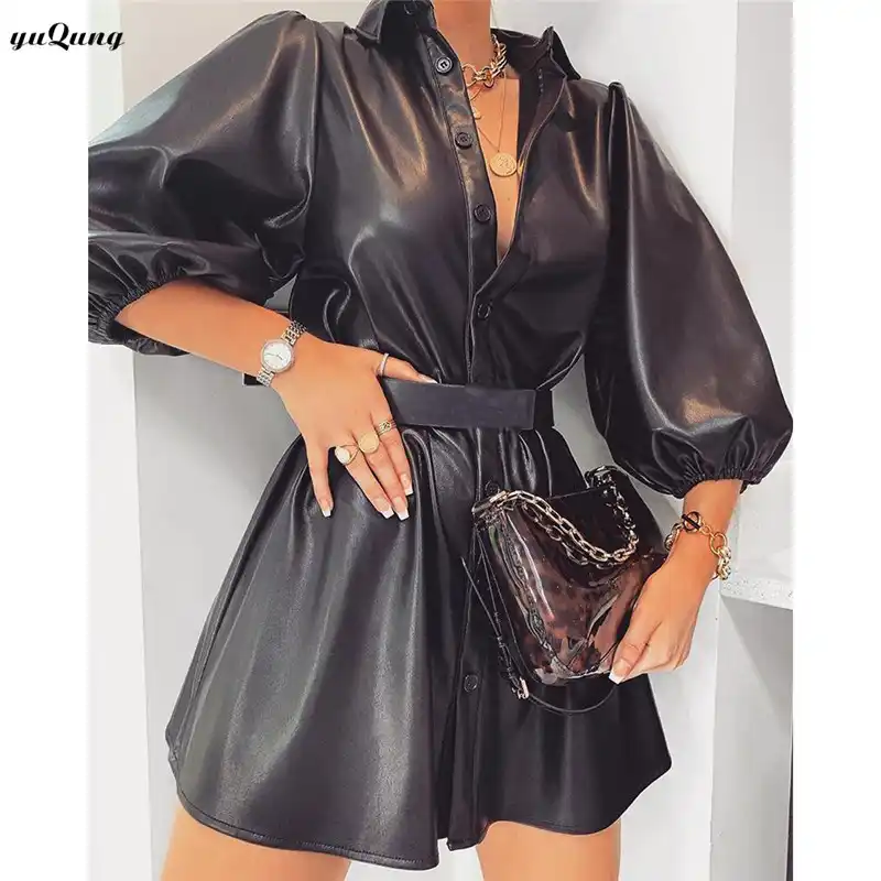 faux leather shirt dress