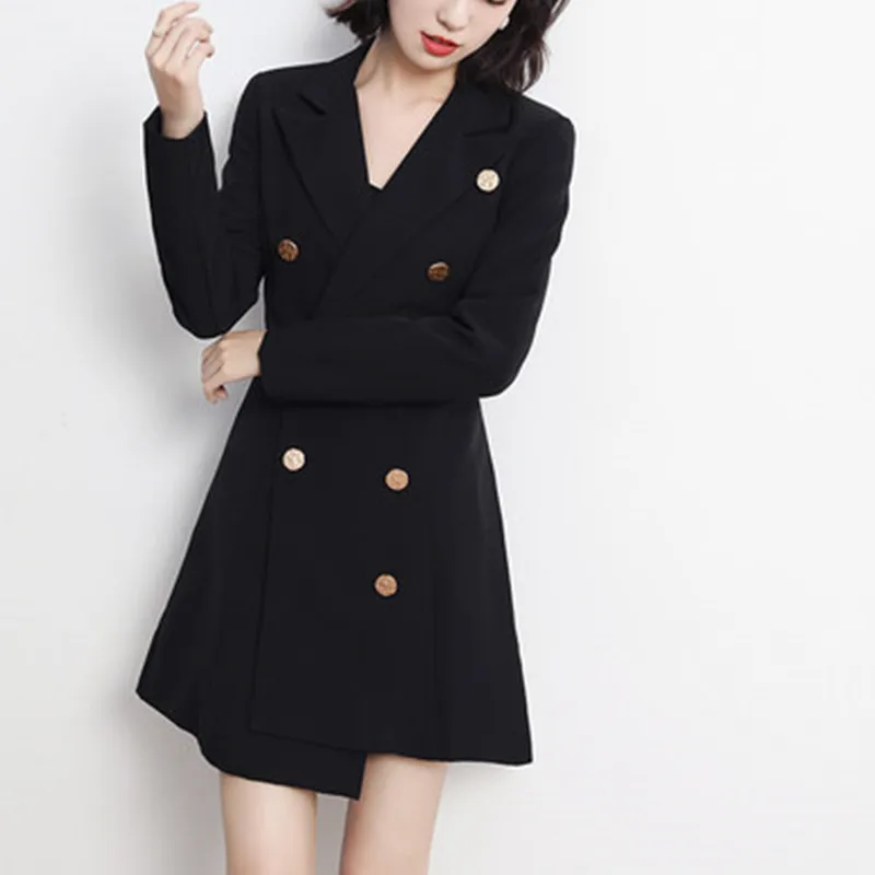 

Bohemia Hepburn Women Double Breasted Dress Autumn Irregular Suit Slim Dresses Temperament Business Casual OL Office Dress