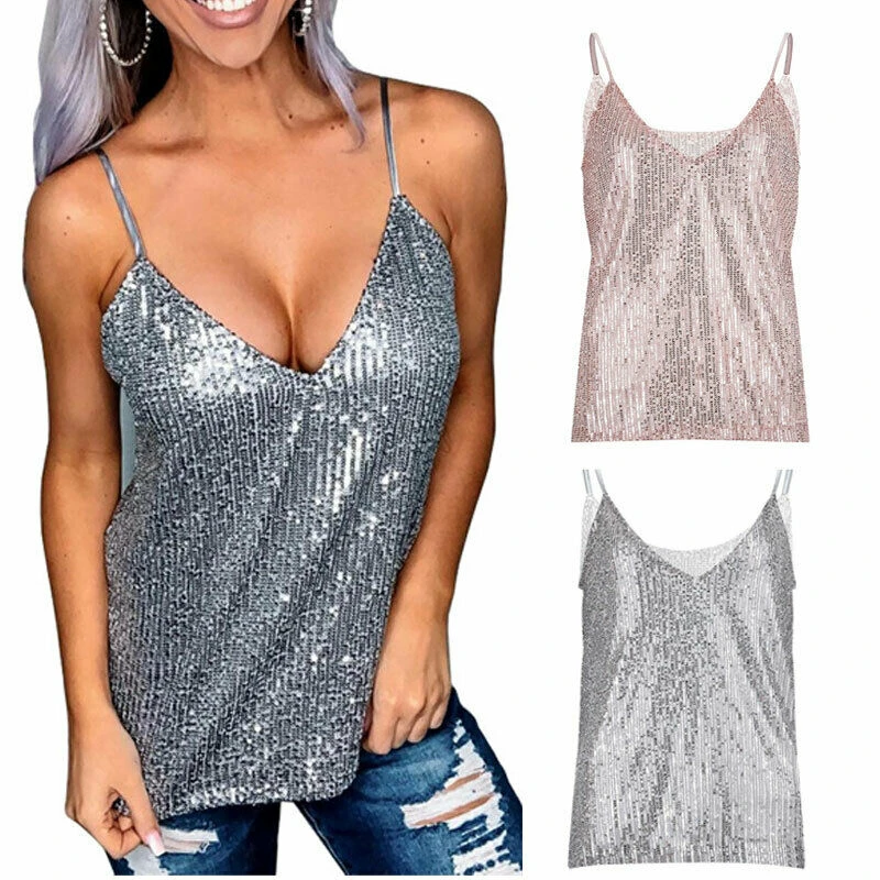 

Women Sparkly Sequins Tanks Camis Sexy Clubwear Tops Strappy V Neck Loose Tank Vest Lady Girl Casual Camisole Plus Size Clothing