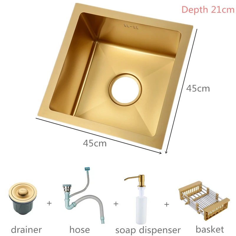 

17.7'' Undermount Kitchen Sink Without Faucet ,Single Bowl Stainless Steel Brushed Gold with Drainer Basket and Accessories