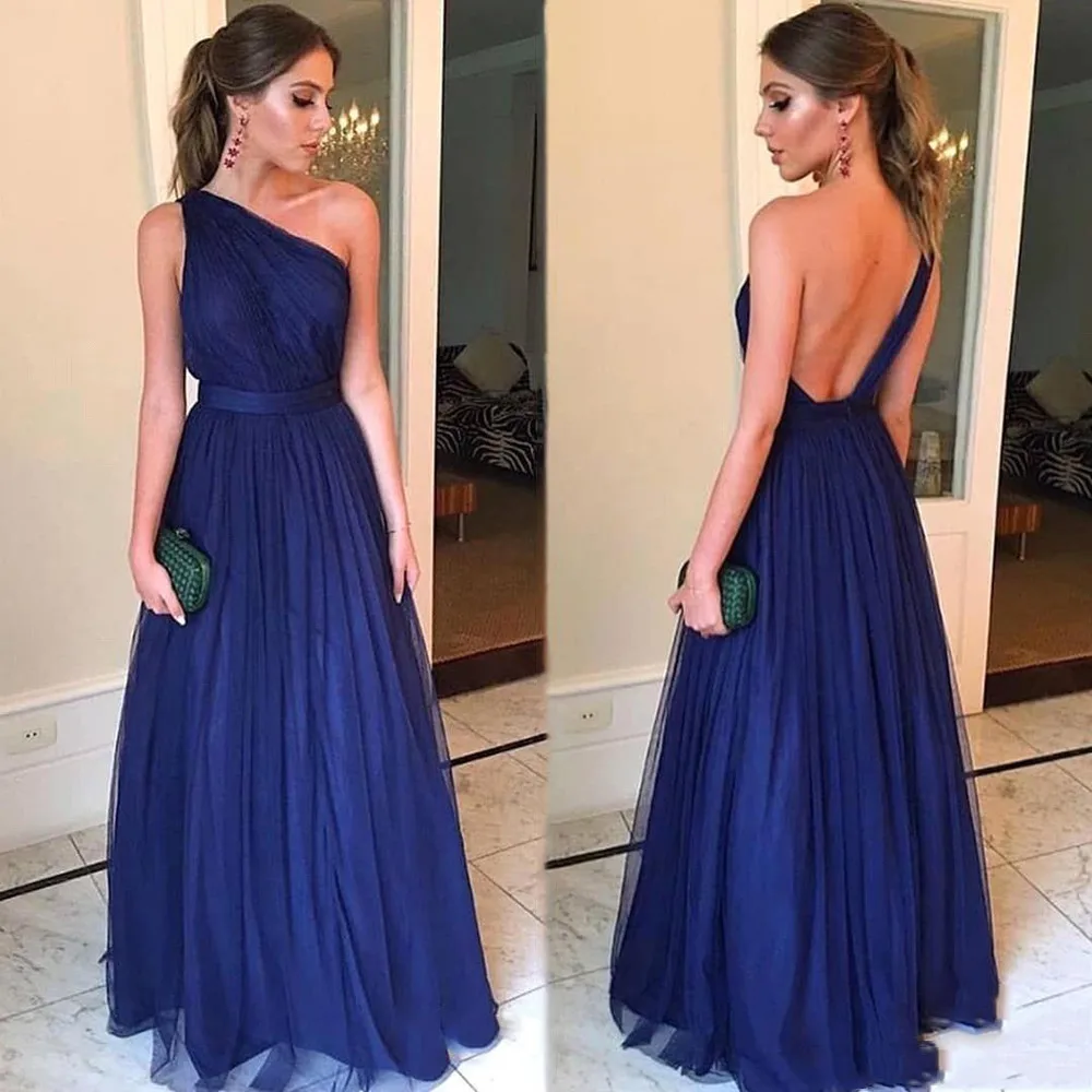 

2022 Cheap Navy Blue One Shoulder A-line Prom Dresses Vintage Tulle Open Back Evening Gown Long Formal Party Bridesmaid Dresses