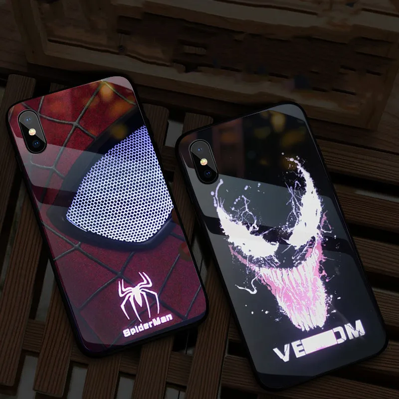 Роскошный светящийся чехол из закаленного стекла для iPhone 7 8 Plus X XR XS Max Marvel