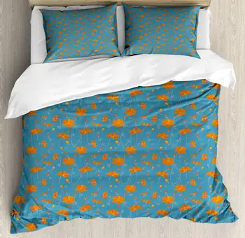 

Orange Blue Duvet Cover Set Flowers with Thin Peduncles and Buds 3 Piece Bedding Set Dark Turquoise Dark Orange and Dark Magenta