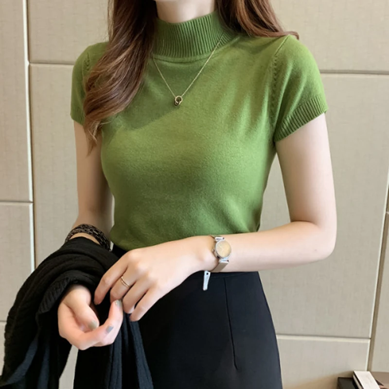 

gkfnmt 2021 Turtleneck Summer Short Sleeve Korean Sweater Knitted Pullover Women Sweaters Tops ·Basic Thin Pull Femme Jumper