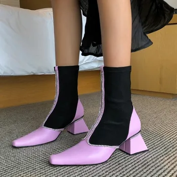 Womens Pointed Toe Leather Stitching Socks Ankle Boots Rhinestones Crystal Pull On Chunky Heel Shoes Match Color Black Pink C799 
Womens Pointed Toe Leather Stitching Socks Ankle Boots Rhinestones Crystal Pull On Chunky Heel Shoes Match Color Black Pink C799