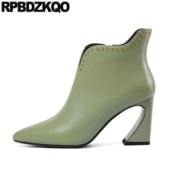pointed toe boots genuine leather block chunky luxury brand shoes women warm stud handmade booties rivet 2019 high heel green 
pointed toe boots genuine leather block chunky luxury brand shoes women warm stud handmade booties rivet 2019 high heel green