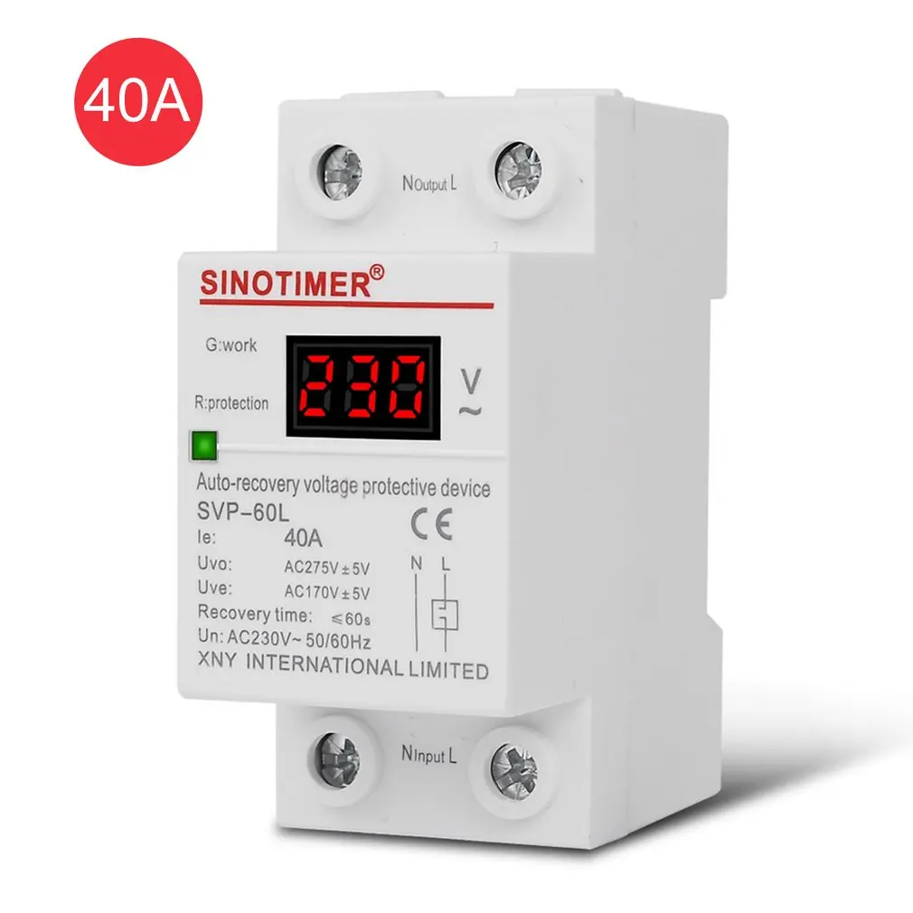SVP-60L 230V 40A Automatic Recovery Under Voltage Over Voltage Protector Relay Breaker Protective Device LED Display
SVP-60L 230V 40A Automatic Recovery Under Voltage Over Voltage Protector Relay Breaker Protective Device LED Display
