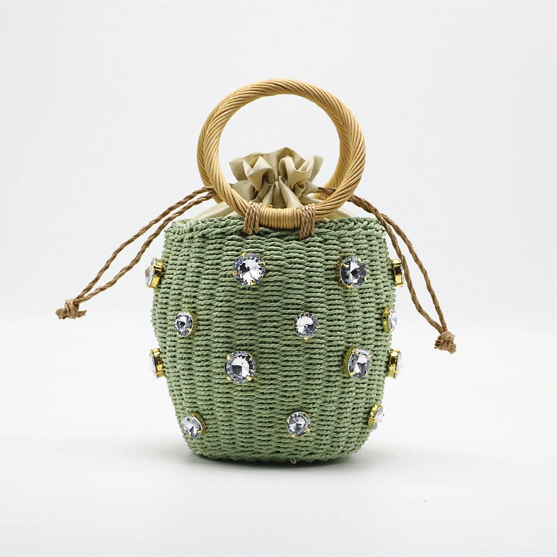 

Handmade Rhinestone Crystal Embellished Top-handle Bag 2020 New Small Straw Rattan Bucket Bags Lady Travel Purses And Handbags
