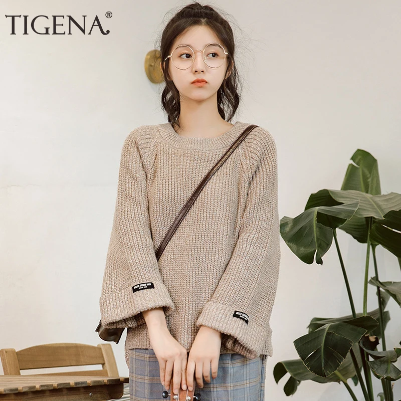 

TIGENA School Coarse Knitted Pullover Sweater Women 2019 Autumn Winter Long Sleeve Sweater Female Korean Jumper Women Khaki Pink