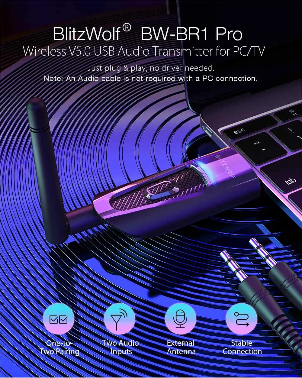 BlitzWolf BW-BR1 Pro Wireless bluetooth V5.0 USB Receiver Audio Transmitter 2 in 1 Adapter for PC/TV