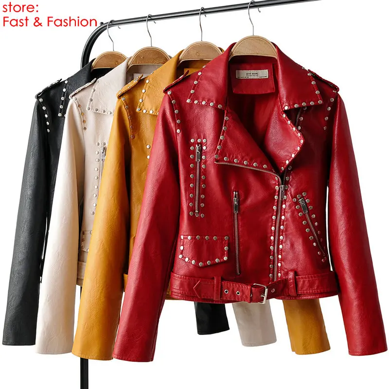 2019 New Women Cool Motorcycle Rivet Faux Leather Jackets Coats Lady Belt Pocket PU Biker Zipper Punk Streetwear Red Outerwear
2019 New Women Cool Motorcycle Rivet Faux Leather Jackets Coats Lady Belt Pocket PU Biker Zipper Punk Streetwear Red Outerwear