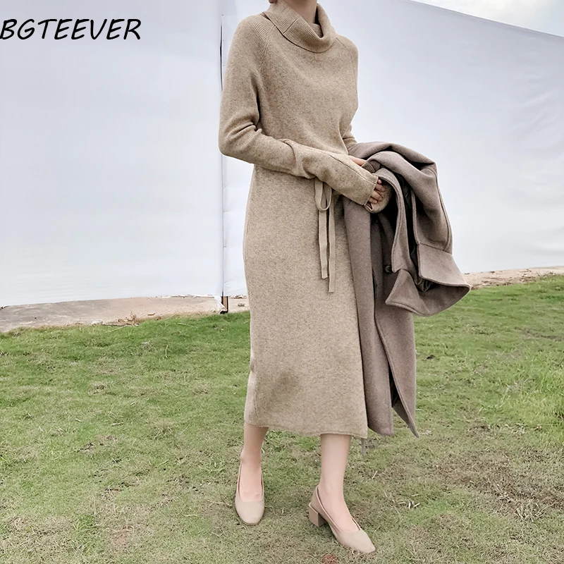 Winter Turtleneck Lace Up Knitted Long Full Sleeve Dress Winter Turtleneck Lace Up Knitted Long Full Sleeve Dress