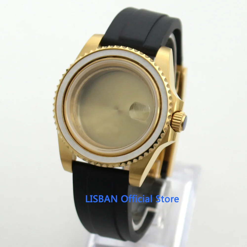 40mm Gold Coated Watch Case Rubber Strap with Buckle Fit DG MINGZHU 2813 MIYOTA 8215 Movement | Наручные часы