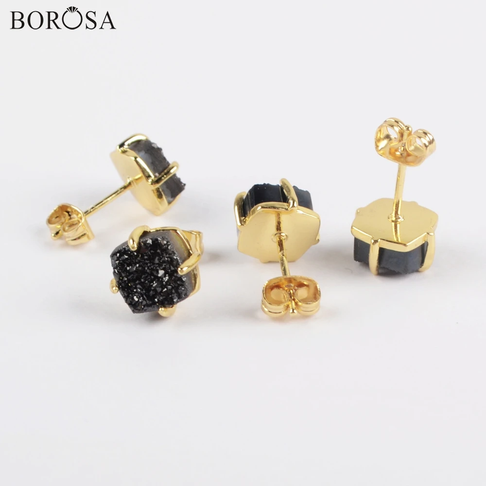 

BOROSA 5Pairs New Arrival Gild Claw 8mm Square Natural Agates Titanium Black Druzy Stud Earrings Drusy Earrings Jewelry ZG0429