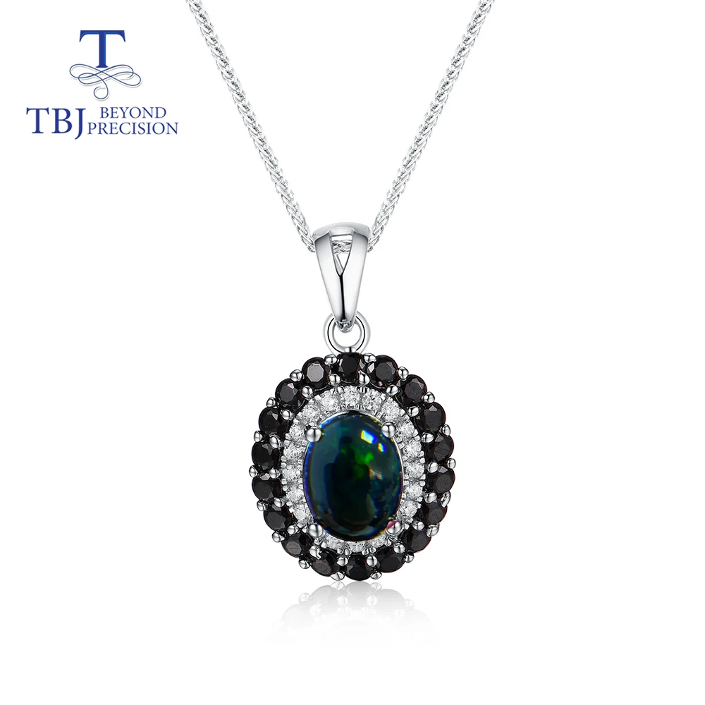 

TBJ, Nautral Black opal pendant oval 7*9mm natural gemstone necklace pendant 925 sterling silver for women gift