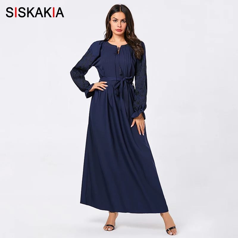 

Siskakia Casual Swing Long Dress Navy Blue Floral Embroidery Arabian Muslim Full Sleeve Dresses Tassel Drawstring Autumn 2019