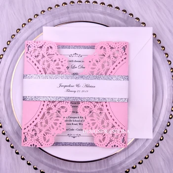 Luxury Pink Wedding Invitation with Silver Glitter Bottom and Belly Band Laser Cut Quinceanera Cards, DIY Bridal Shower Invites
Luxury Pink Wedding Invitation with Silver Glitter Bottom and Belly Band Laser Cut Quinceanera Cards, DIY Bridal Shower Invites