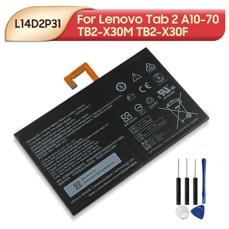 Original Replacement Battery L14D2P31 For Lenovo Tab 2 A10-70 TB2-X30M TB2-X30F Tablet Battery 7000mAh
Original Replacement Battery L14D2P31 For Lenovo Tab 2 A10-70 TB2-X30M TB2-X30F Tablet Battery 7000mAh