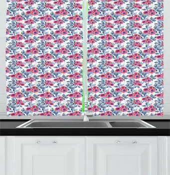 Blue Grey Pink Watercolor Kitchen Curtains Close up Artwork of Flower and Leaves Silhouettes for Kitchen Cafe Decor
Blue Grey Pink Watercolor Kitchen Curtains Close up Artwork of Flower and Leaves Silhouettes for Kitchen Cafe Decor