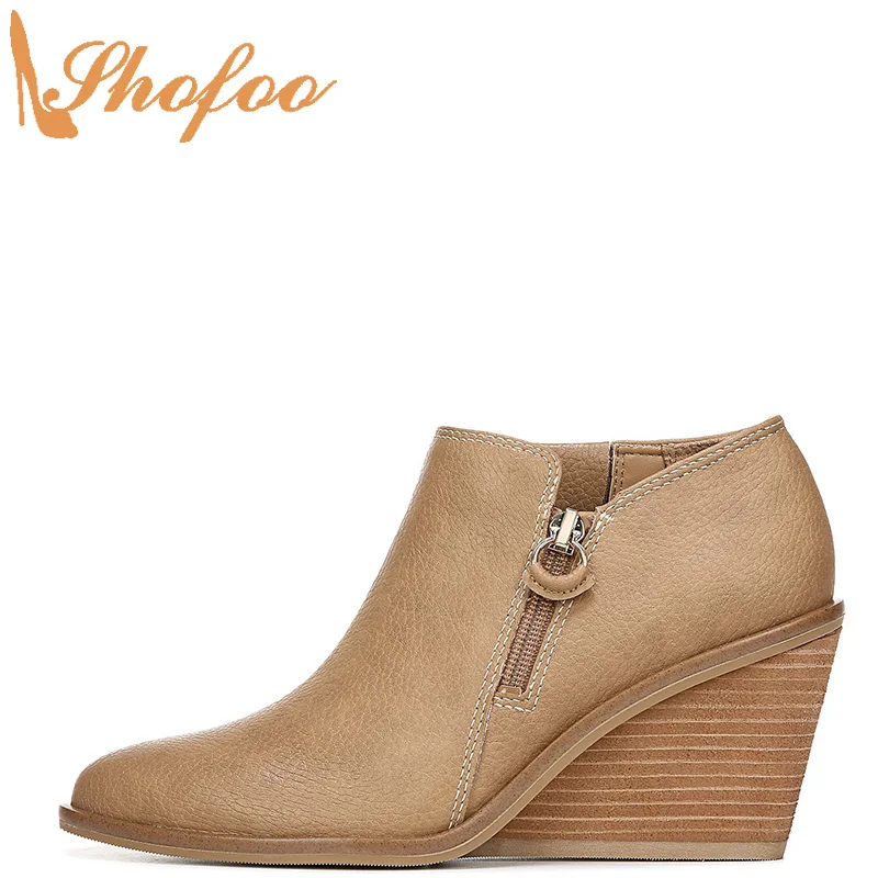 

Nude Ankle Boots Woman High Wedge Heels Pointed Toe Zipper Large Size 12 16 Ladies Winter Fashion Mature Booties Shoes Shofoo